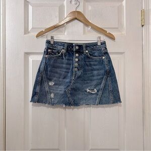We The Free Button Fly Denim Jean Skirt Blue Distressed Size 26
